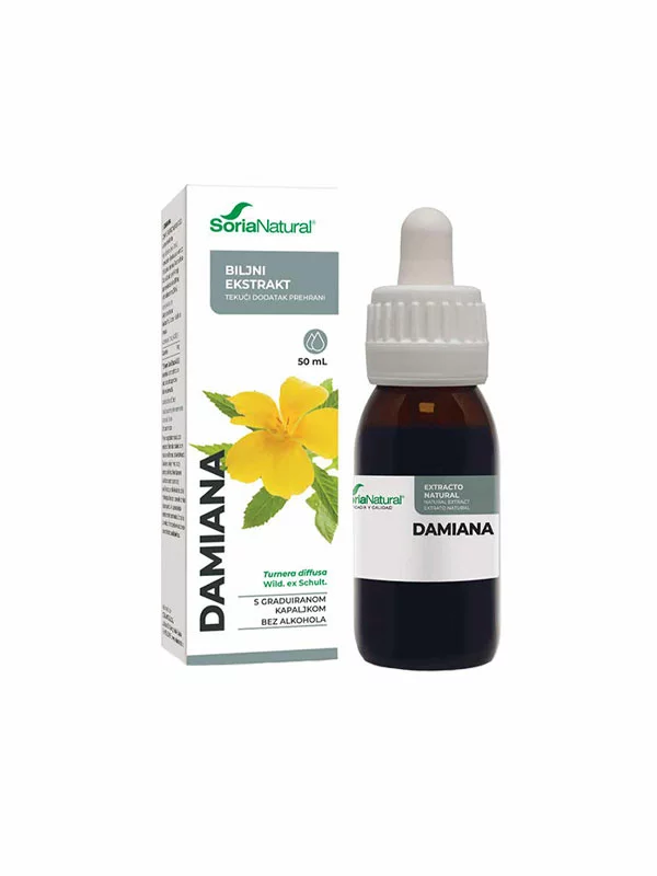 Soria Natural damiana drops in a 50ml glass bottle with a dropper