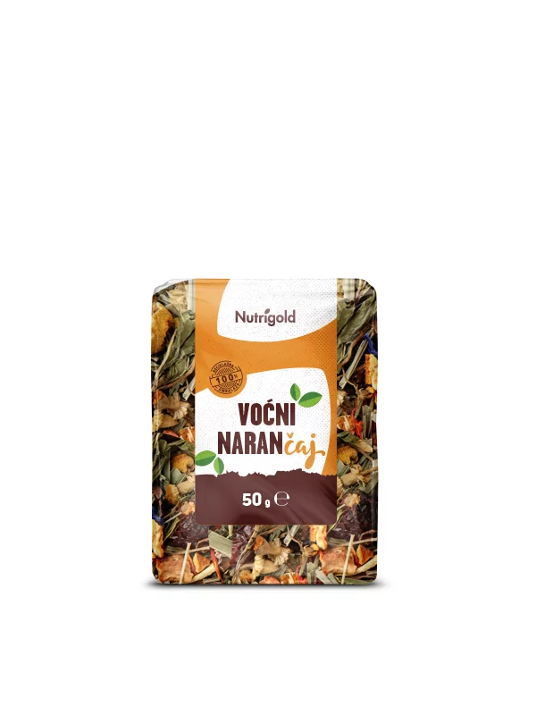 Nutrigold fruity orange tea in transparent packaging of 50 grams