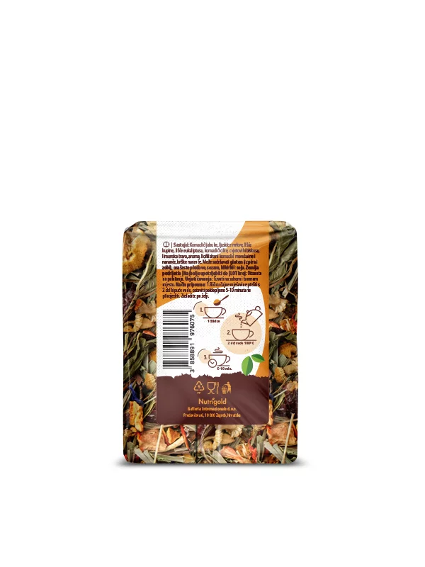 Nutrigold fruity orange tea in transparent packaging of 50 grams