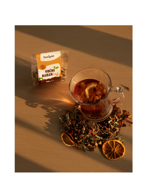 Nutrigold fruity orange tea in transparent packaging of 50 grams