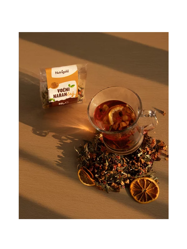 Nutrigold fruity orange tea in transparent packaging of 50 grams