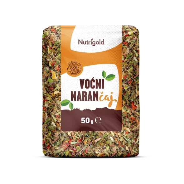 Nutrigold fruity orange tea in transparent packaging of 50 grams