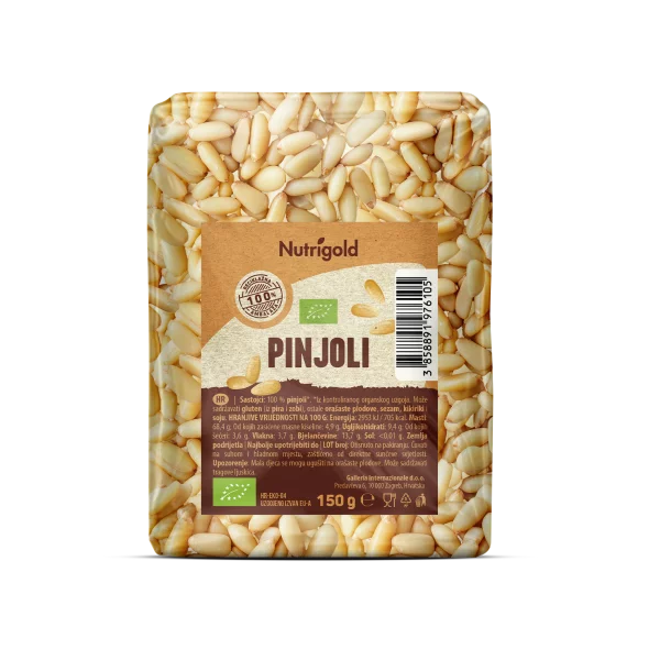 Nutrigold organic pine nuts in brown packaging of 150g