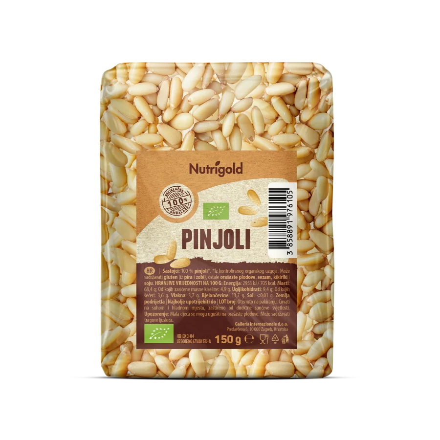 Nutrigold organic pine nuts in brown packaging of 150g