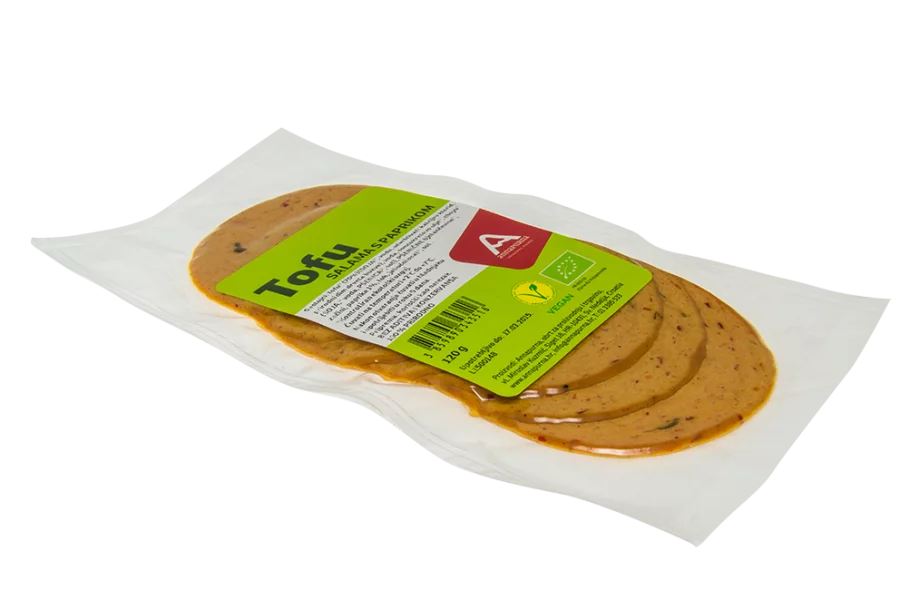 Annapurna organic tofu salami with paprika in transparent vacuum sealed packaging of 100g