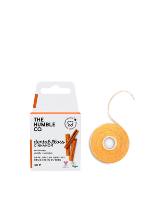 Humble Co. 50 meter cinnamon dental floss in biodegradable cardboard packaging