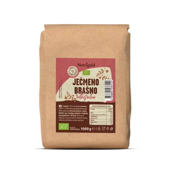 Nutrigold organic whole grain barley flour in a packaging of 1000g