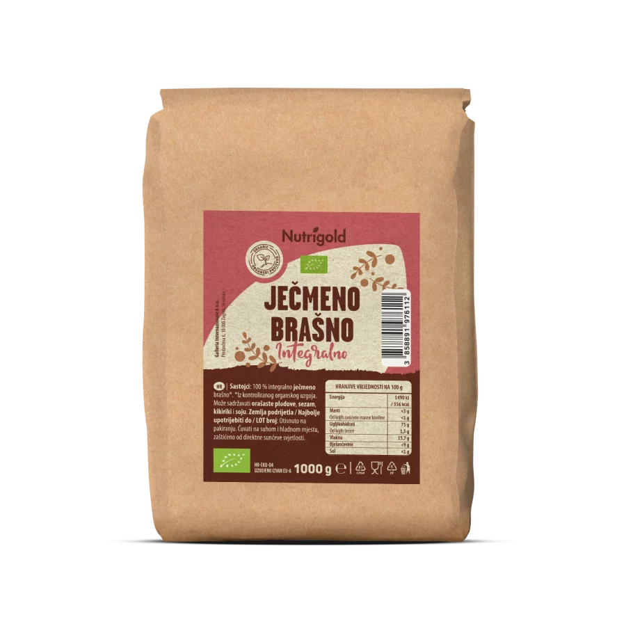 Nutrigold organic whole grain barley flour in a packaging of 1000g
