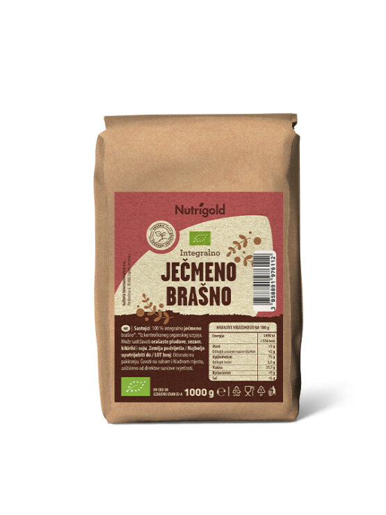 Nutrigold organic whole grain barley flour in a packaging of 1000g