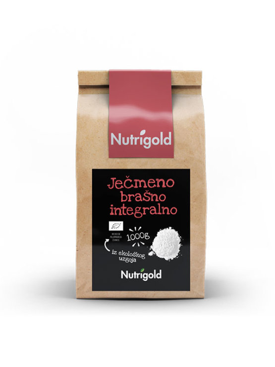 Nutrigold organic whole grain barley flour in a packaging of 1000g