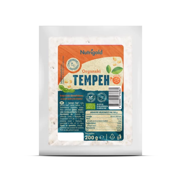 Nutrigold organic tempeh in transparent vacuum sealed packaging of 200g