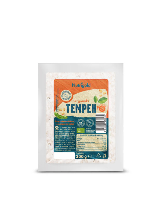 Nutrigold organic tempeh in transparent vacuum sealed packaging of 200g