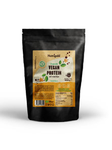 Organic Nutrigold vegan protein powder vanilla in resealable dark packaging 1000g