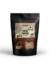 Organic Nutrigold vegan protein powder chocolate in resealable dark packaging 1000g
