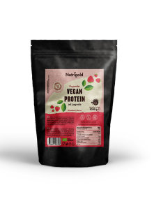 Organic Nutrigold vegan protein powder strawberry in resealable dark packaging 1000g