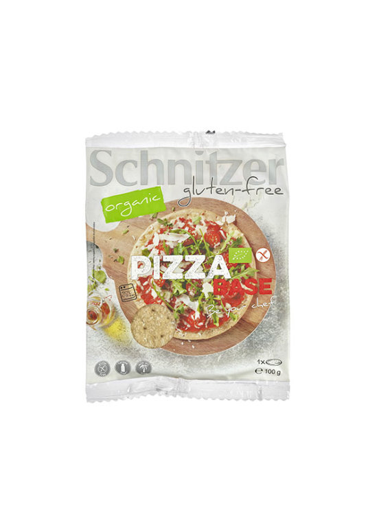 Schnitzer organic and gluten free pizza base in a packaging of 100g
