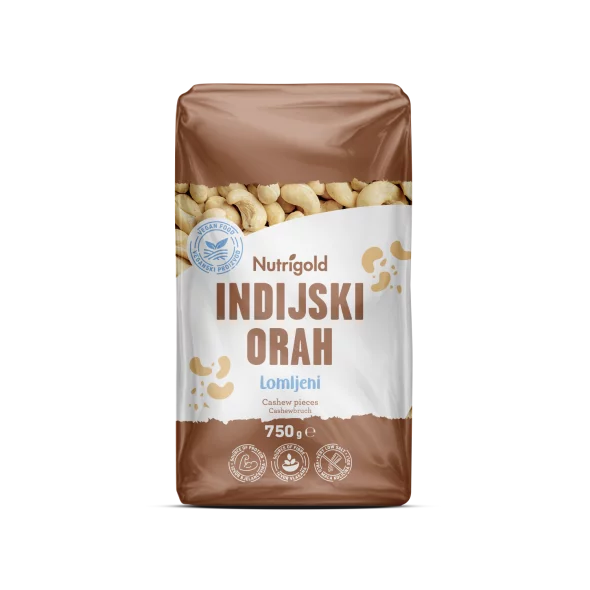 Nutrigold raw cashew nut pieces packed in transparent bag of 750g