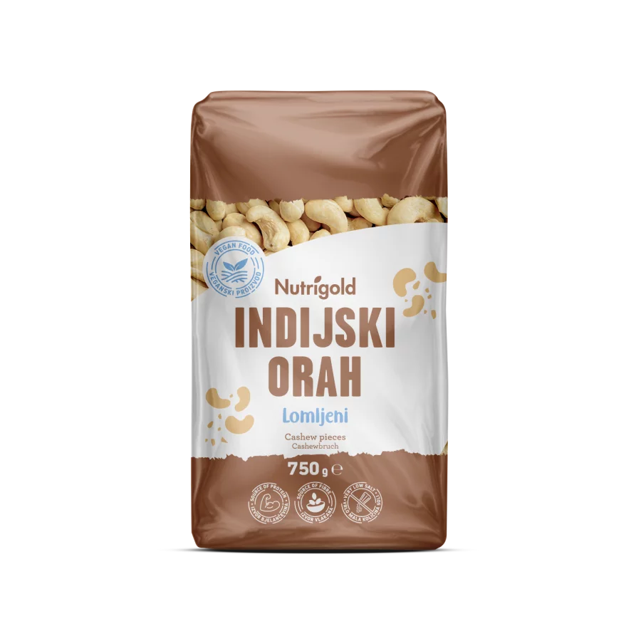 Nutrigold raw cashew nut pieces packed in transparent bag of 750g
