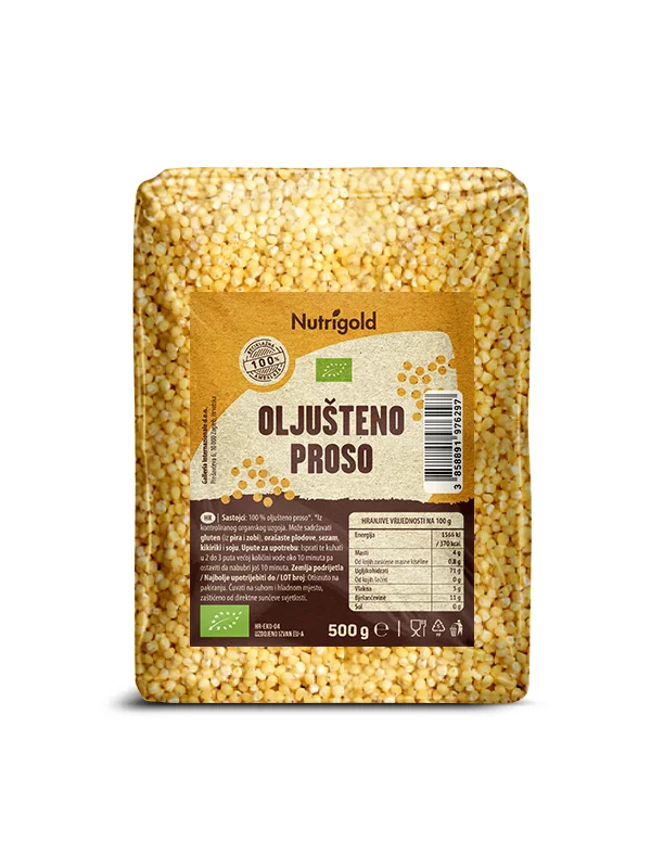 Nutrigold organic hulled millet in a transparent 500g packaging.