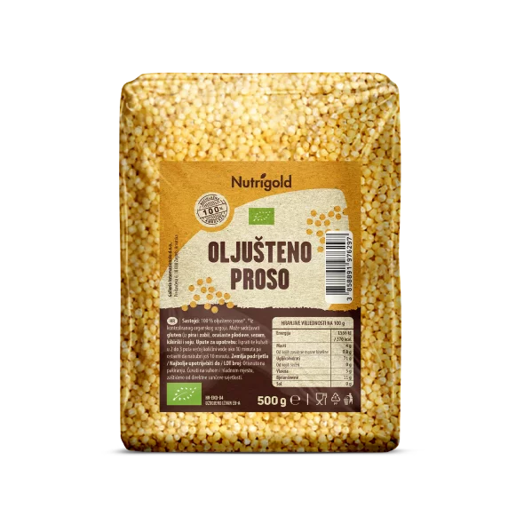 Nutrigold organic hulled millet in a transparent 500g packaging.