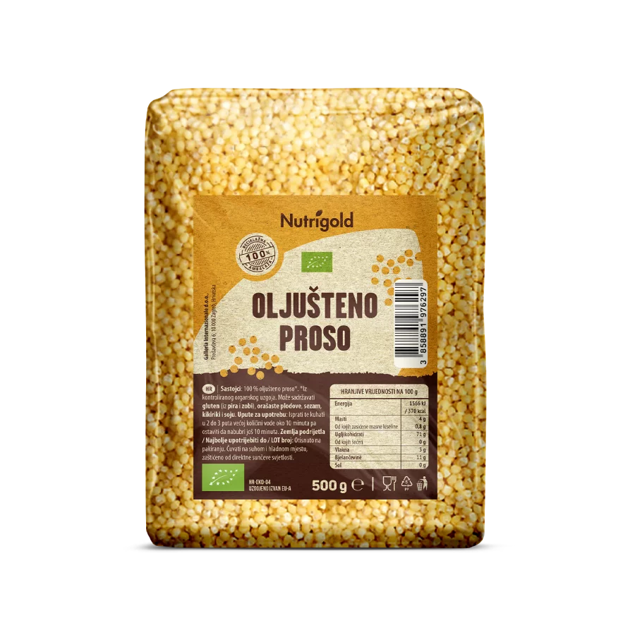Nutrigold organic hulled millet in a transparent 500g packaging.
