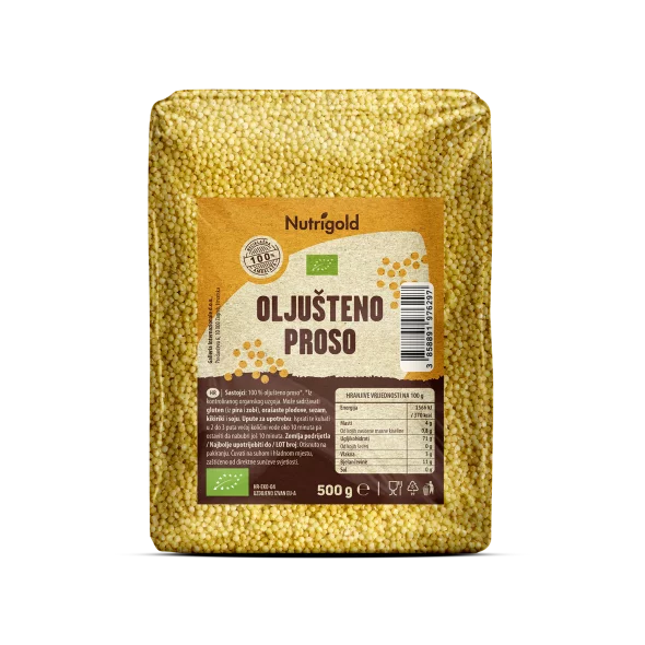 Nutrigold organic hulled millet in a transparent 500g packaging.