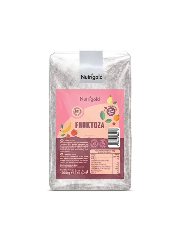 Nutrigold fructose in a transparent packaging of 1000g