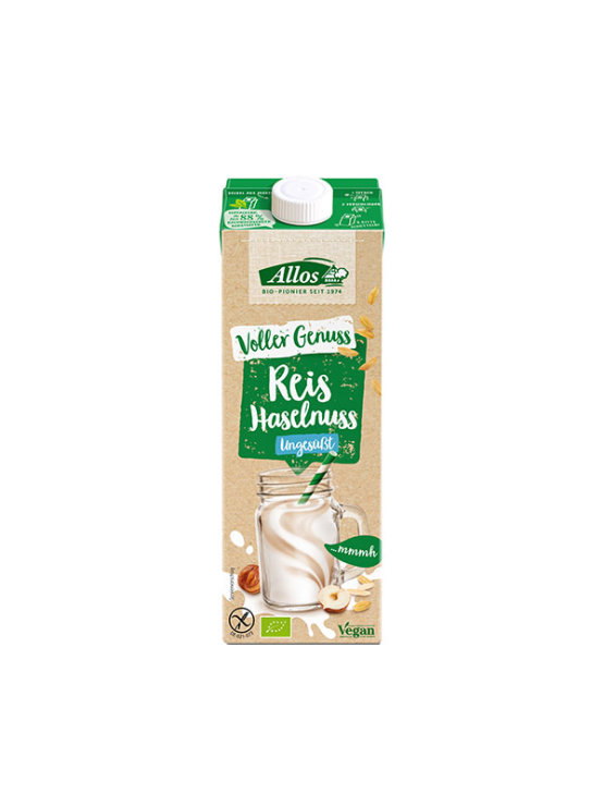 Allos organic rice drink with hazelnuts in a cardboard packaging of 1000ml