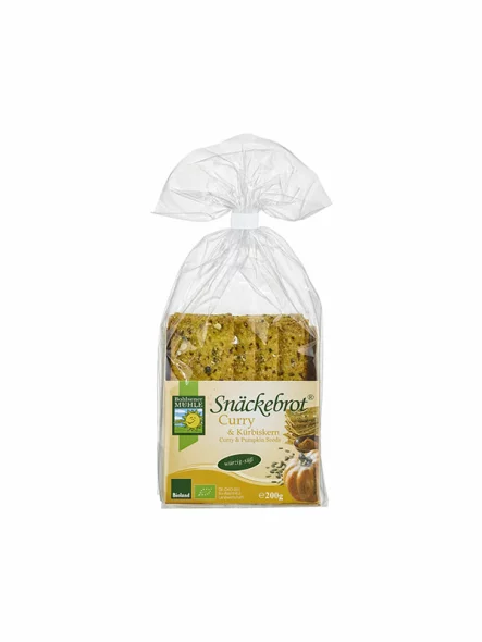 Organic Bohlsener Muhle crunchy crackers with curry and pumpkin in a 200g packaging.