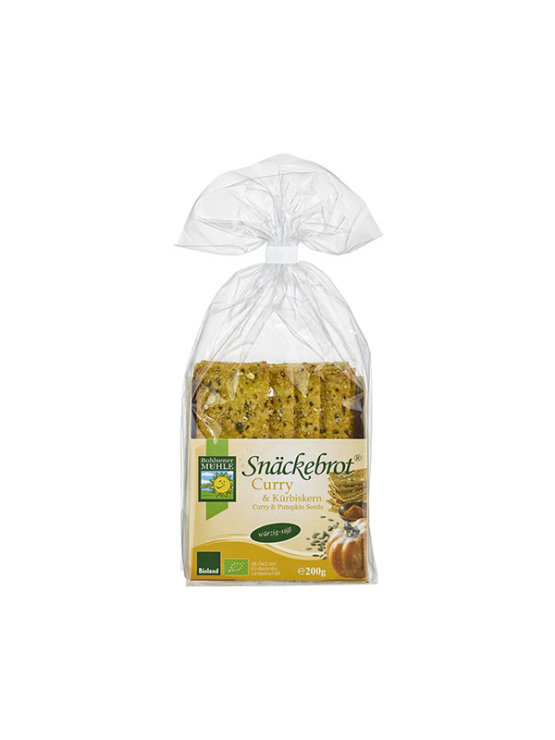 Organic Bohlsener Muhle crunchy crackers with curry and pumpkin in a 200g packaging.