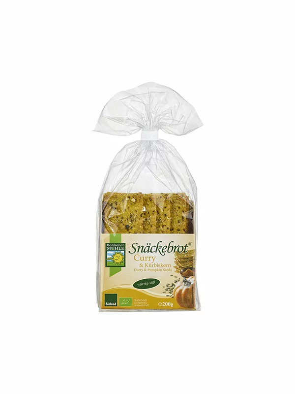 Organic Bohlsener Muhle crunchy crackers with curry and pumpkin in a 200g packaging.