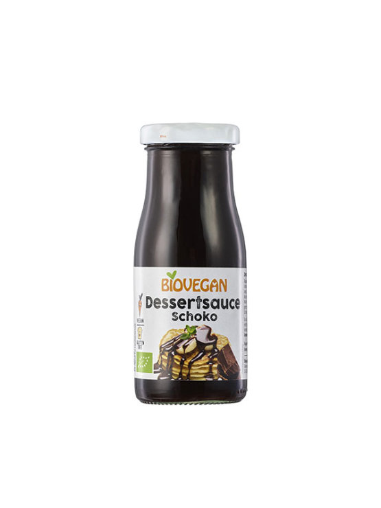 Biovegan organic chocolate topping in a 150ml glass bottle