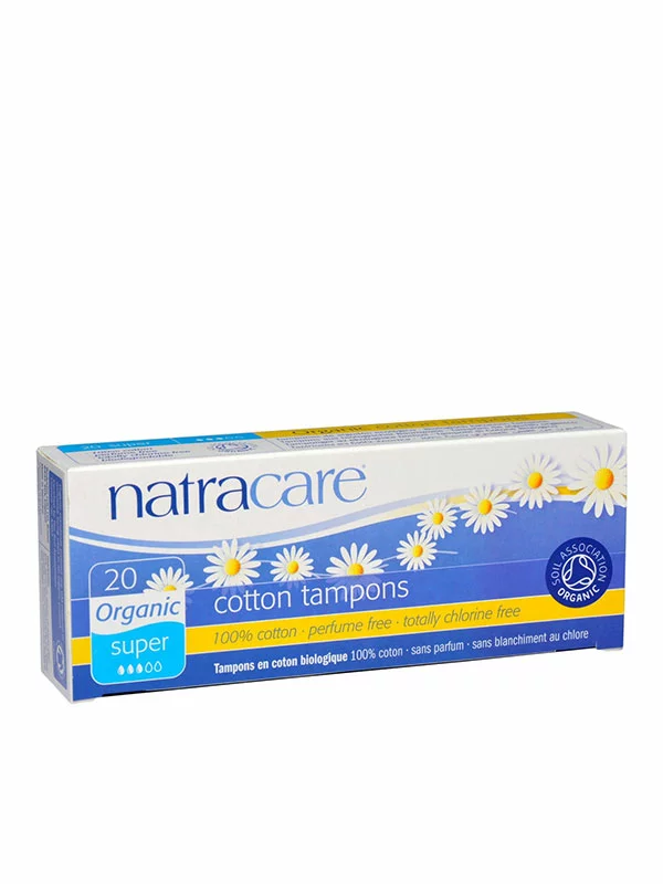 20 Natracare super tampons in a cardboard packaging