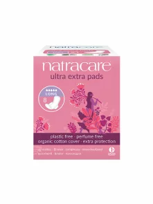 8 Natracare extra pads with wings in a cardboard box