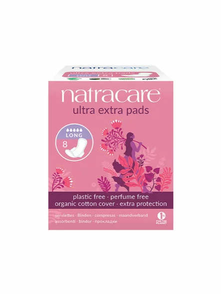 8 Natracare extra pads with wings in a cardboard box