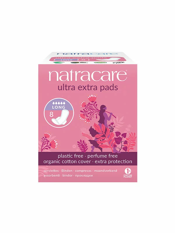 8 Natracare extra pads with wings in a cardboard box