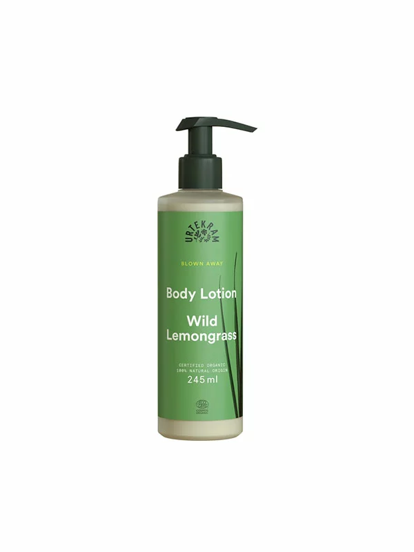 Urtekram organic wild lemongrass body lotion in a green bottle of 245ml
