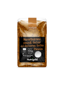 Nutrigold organic unrefined whole cane sugar in a transparent packaging of 500g
