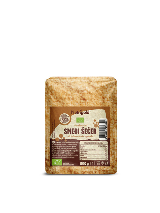 Nutrigold organic unrefined whole cane sugar in a transparent packaging of 500g