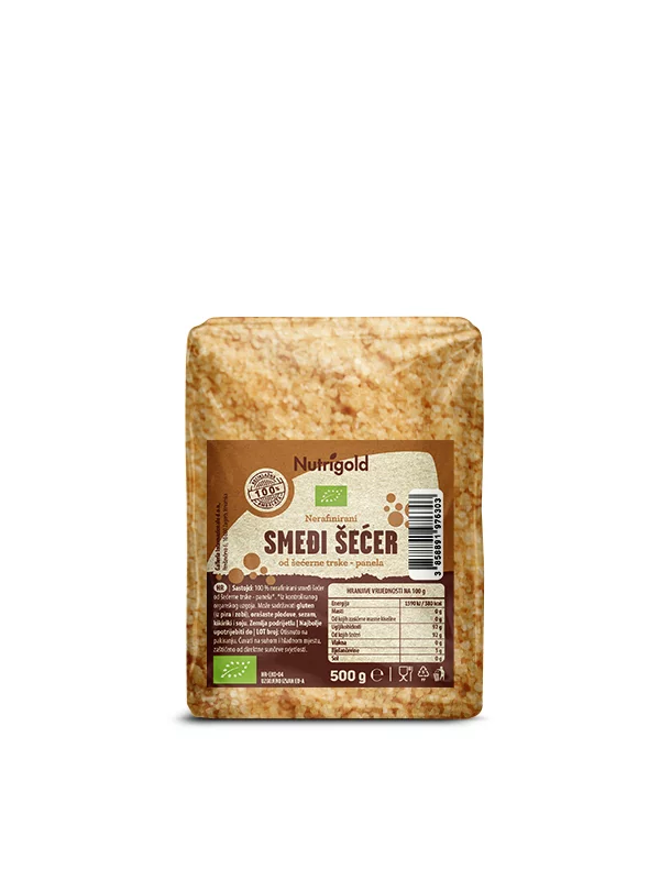 Nutrigold organic unrefined whole cane sugar in a transparent packaging of 500g