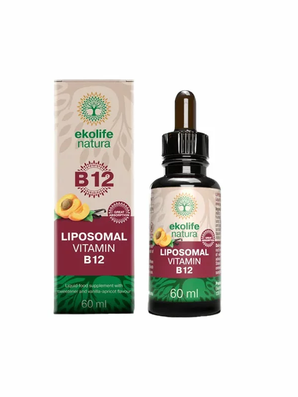 Ekolife Natura liposomal vitamin B12 in a 60ml glass bottle with a dropper
