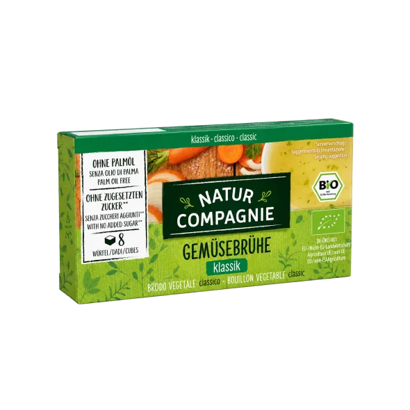 Organic Natur Compagnie vegetable broth in a cardboard packaging containing 8 cubes