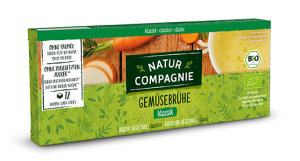 Organic Natur Compagnie vegetable broth in a cardboard packaging containing 12 cubes