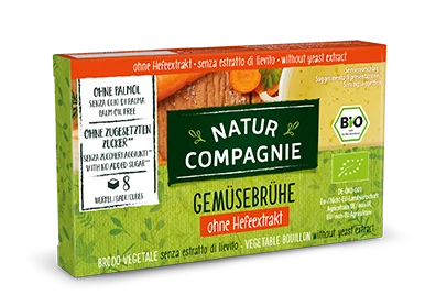 Organic Natur Compagnie vegetable broth in a cardboard packaging containing 8 cubes