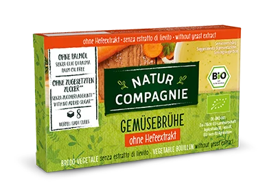 Organic Natur Compagnie vegetable broth in a cardboard packaging containing 8 cubes