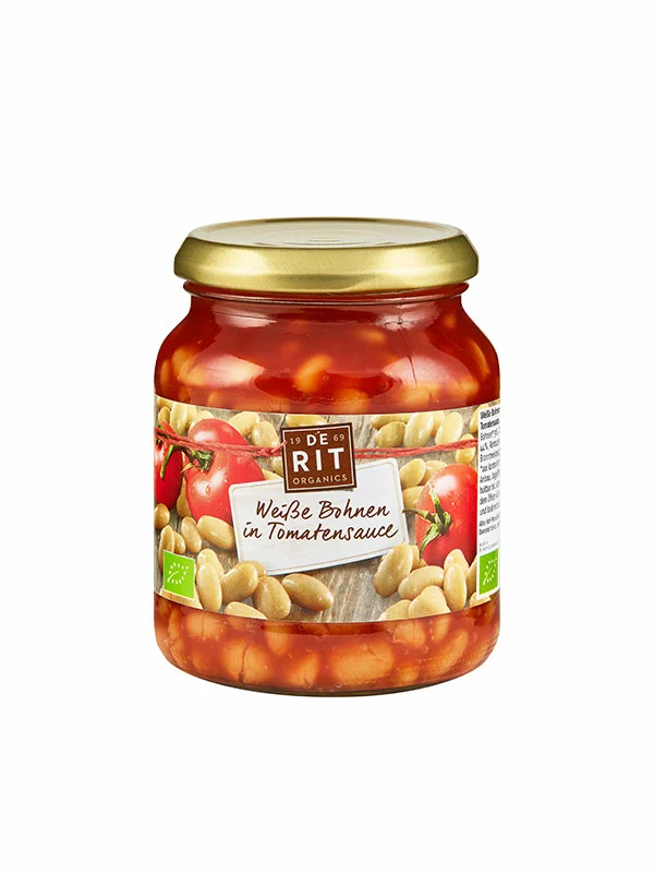 De Rit organic white beans in tomato sauce in a 360g jar