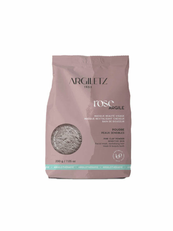 Argiletz pink clay powder for hair, skin and bath in a 200g packaging