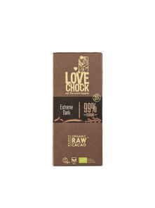 Lovechock organic and vegan raw cacao 99% dark chocolate in a brown packaging of 70g