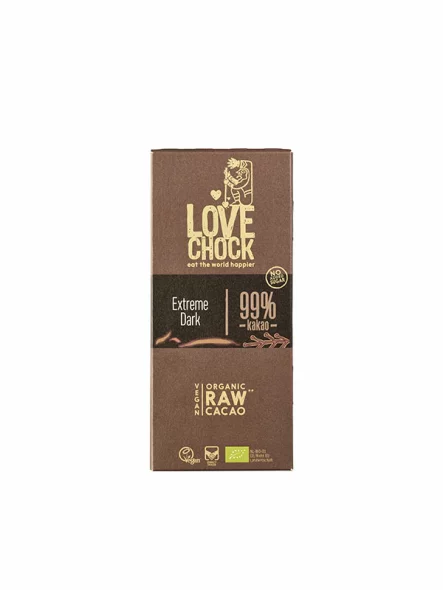 Lovechock organic and vegan raw cacao 99% dark chocolate in a brown packaging of 70g