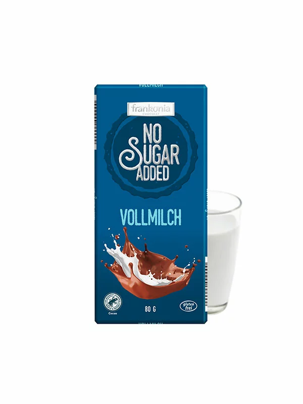 Frankonia milk chocolate with no added sugar in a blue cardboard packaging of 80g